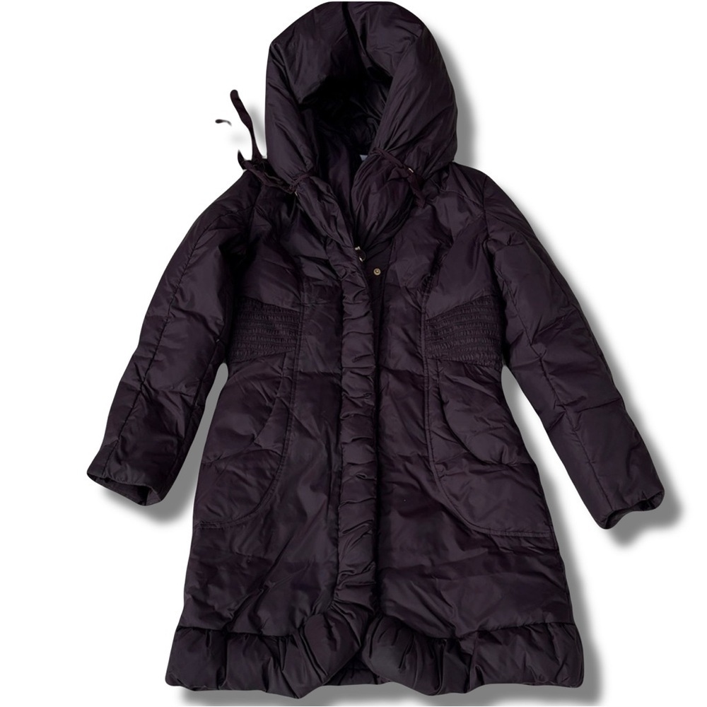 Tahari Purple Ruffle Puffer Jacket XS Hooded Longline Winter Coat Feminine